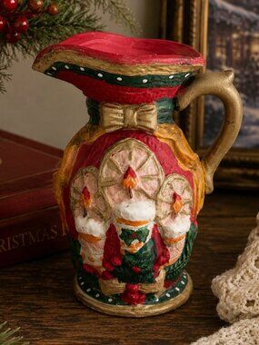 Vintage Christmas Holiday Pitcher Vase Candle Lantern Relief Ceramic Decor